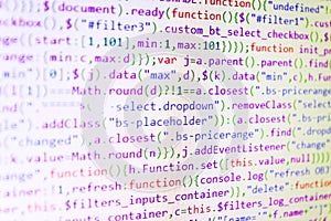 Internet security hacker prevention. Screen of web developing javascript code. Big data database app.