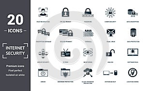 Internet Security icons set collection. Includes simple elements such as Face Recognition, Online Privacy, Password, Cyber