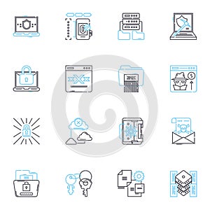 Internet security linear icons set. Firewall, Encryption, Phishing, Spyware, Malware, Cybercrime, VPN line vector and
