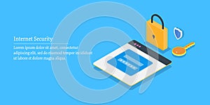 Internet security, online data protection, secure login app, password protection concept. Isometric design banner.