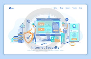 Internet Security. Protecting Personal Confidential Data. Password protection, touch id, face id. Security company with shield