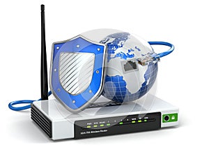 Internet security. Router with shield and earth.