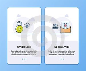 Internet security smart lock and spam email onboarding template for mobile ui app design