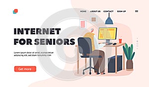 Internet for Seniors Landing Page Template. Grandpa Using New Technologies, Old Male Character Sit at Desk with Pc