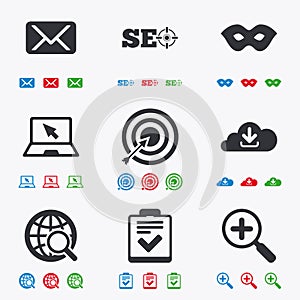 Internet, seo icons. Checklist, target signs