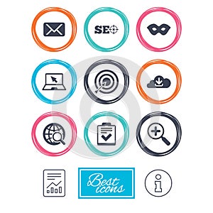 Internet, seo icons. Checklist, target signs.