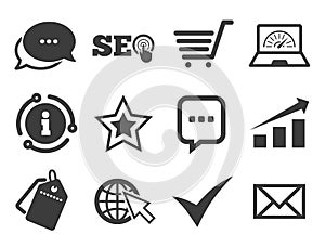 Internet, seo icons. Star, shopping signs. Vector