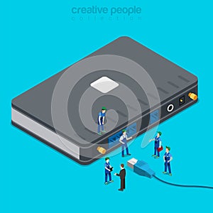 Internet service connection supply. Flat 3d isometric isometry concept. Micro people wi-fi wired router connecting patch cord with