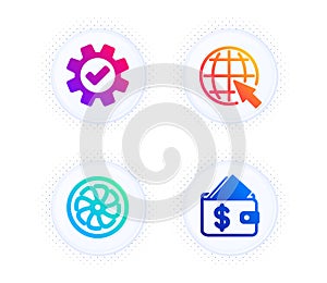 Internet, Service and Fan engine icons set. Wallet sign. World web, Cogwheel gear, Ventilator. Affordability. Vector