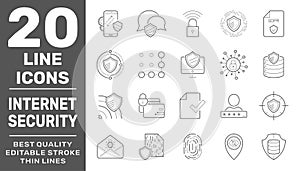 Internet services and database protection vector linear icons set. Collection of internet hosting and server data transfer icons