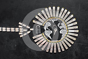 Internet SFP network modules as the shape of Earth and arrow, padlock and key.Concept of internet securi