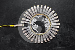 Internet SFP network modules as the shape of Earth and RJ45 ethernet cable for communication.Concept of i