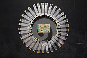 Internet SFP network modules for network switch and electronic gold plated circuit board with microchips and transistors diode