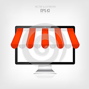 Internet shopping concept. Realistic monitor, personal computer. E-commerce. Online store. Web money and payments. Pay