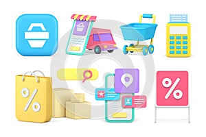 Internet shopping goods delivery order purchase smartphone application set 3d icon realistic vector