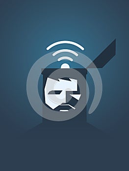 Internet and social media addiction vector poster with hipster face and wifi wireless signal over head. Symbol of