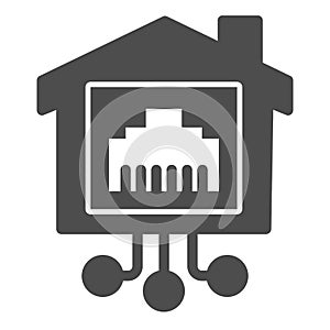 Internet socket in smart house solid icon, smart home concept, technology sign on white background, building with smart