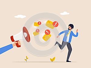 Internet spam concept. Scared man character run from huge loudspeaker with email message. Eenvelope letter icon. Flat