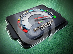 Internet speed dial on computer chip standing on green PCB. 3D illustration