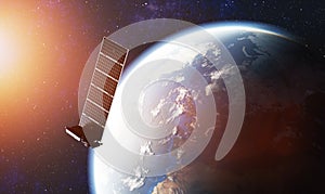 Internet starlink satellite in space near Earth.