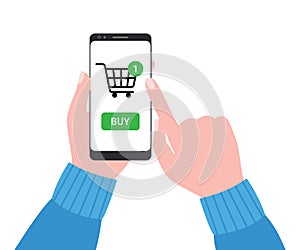 Internet store, shopping online. Hand pulling buy button on smartphone. Shopping cart. Vector illustration