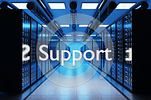 Internet support service logo in large modern data center with multiple rows of server racks, 3D Illustration