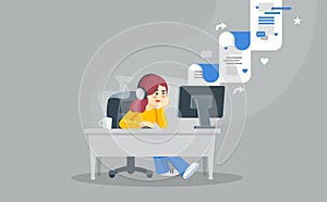 Internet surfing concept. Flat illustration. Girl sitting at a table behind a computer looking at the computer screen and w