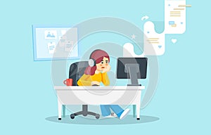 Internet surfing concept. Flat illustration. Girl sitting at a table behind a computer looking at the computer screen and w