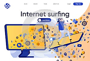 Internet surfing flat landing page. Woman surfing waves on smartphone as surfboard vector illustration. High speed