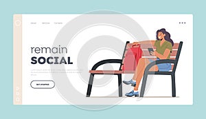 Internet Surfing Landing Page Template. Young Woman with Mobile Phone and Backpack Sitting on Bench. Smiling Student