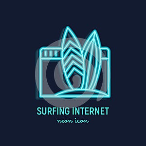 Internet surfing neon thin line icon: surf on web page. Modern vector illustration