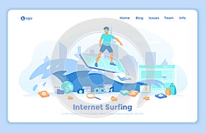 Internet Surfing. Online Search and Viewing information on the Internet  Browsing. Man riding a wave on a smartphone.