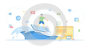 Internet Surfing. Online Search and Viewing information on the Internet, Browsing. Man riding a wave on a smartphone. Mobile phone
