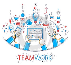 Internet teamwork online team is working and having communication using gadgets and apps, businessmen hands with phones and tablet