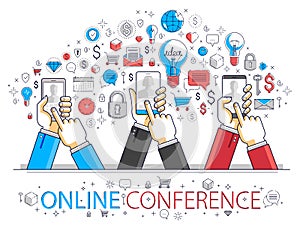 Internet teamwork online team is working and having conference using gadgets and apps, businessmen hands with phones and tablet,