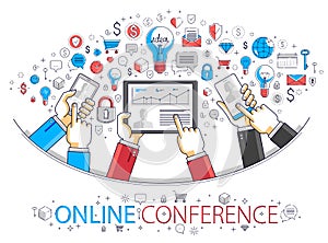 Internet teamwork online team is working and having conference using gadgets and apps, businessmen hands with phones and tablet,