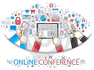 Internet teamwork online team is working and having conference using gadgets and apps, businessmen hands with phones and tablet,