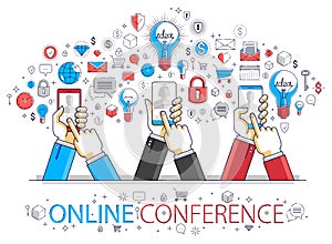 Internet teamwork online team is working and having conference using gadgets and apps, businessmen hands with phones and tablet,