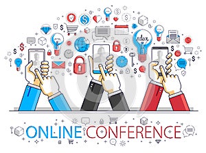 Internet teamwork online team is working and having conference using gadgets and apps, businessmen hands with phones and tablet,