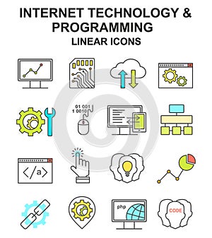 Internet technology and programming colored linear icons set.