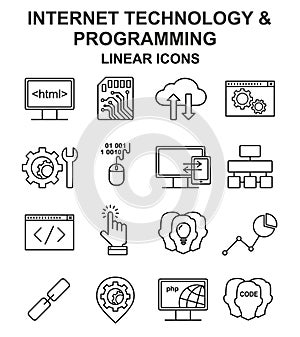 Internet technology and programming linear icons set.