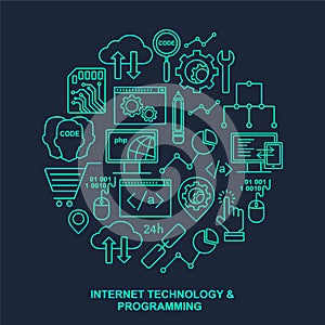 Internet technology and programming round shape background with place for text