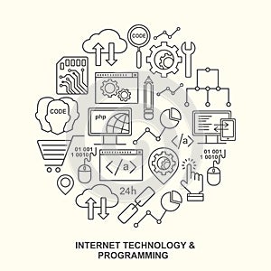 Internet technology and programming round shape pattern with linear icons.