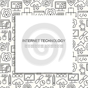 Internet technology and programming seamless background with linear icons set. Html, php and code seamless pattern with line style