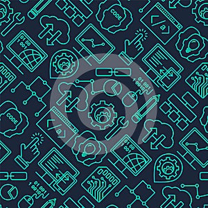 Internet technology and programming seamless background with linear icons set. Html, php and code seamless pattern with line style