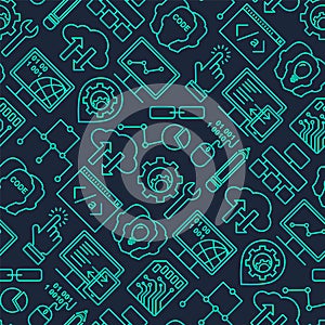 Internet technology and programming seamless background with linear icons set. Html, php and code seamless pattern with line style