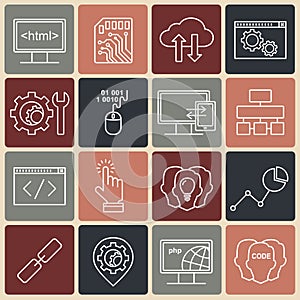 Internet technology and programming white linear icons set.