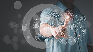 The concept is IoT, Internet of Things, Ai Artificial Intelligence, digital data transfer, cloud computing, and digital marketing