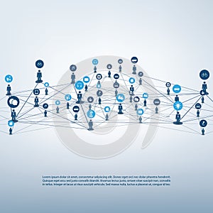 Internet of Things, Cloud Computing Design Concept with Wireframe and Icons - Global Digital Network Connections, Social Media
