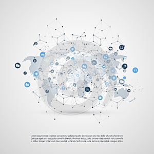 Internet of Things, Cloud Computing Design Concept with World Map, Wireframe and Icons